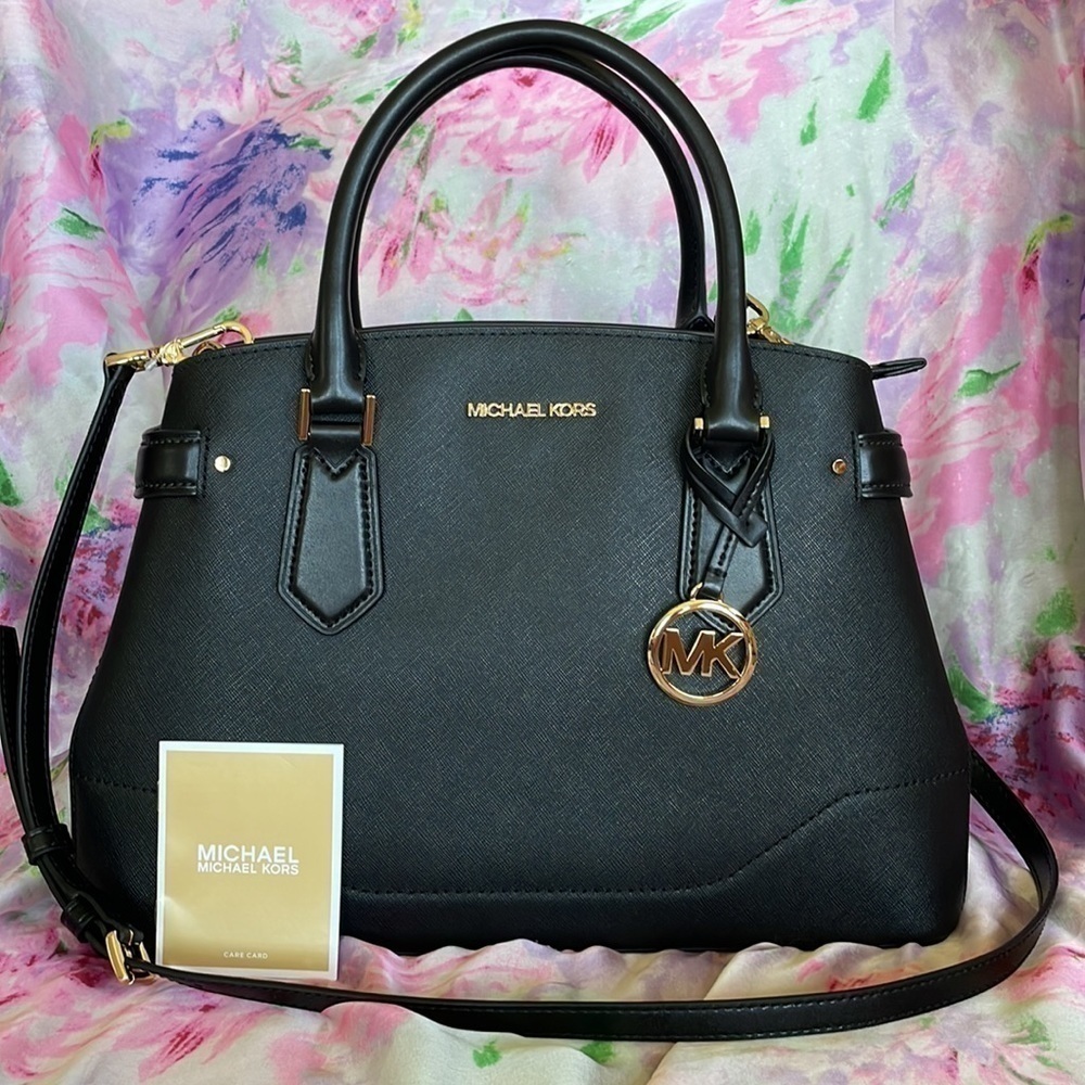Brand New Michael Kors Genuine Leather Black Large Satchel Crossbody Purse